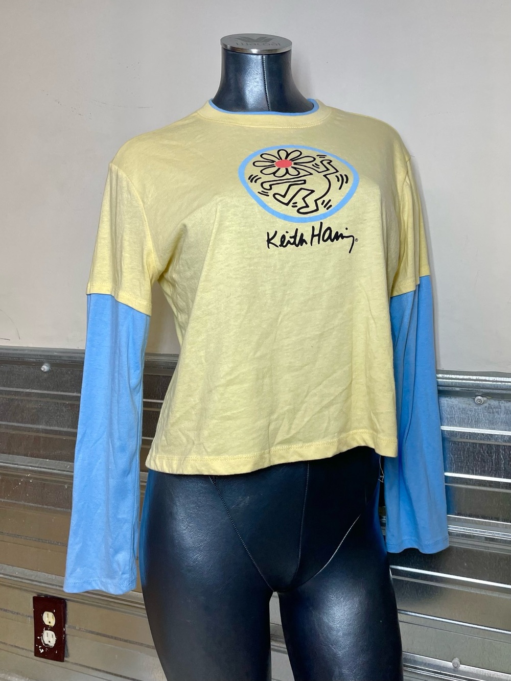 Keith Haring Graphic Crop Top Layered Look Yellow Blue Long Sleeve Womens - Picture 3 of 8